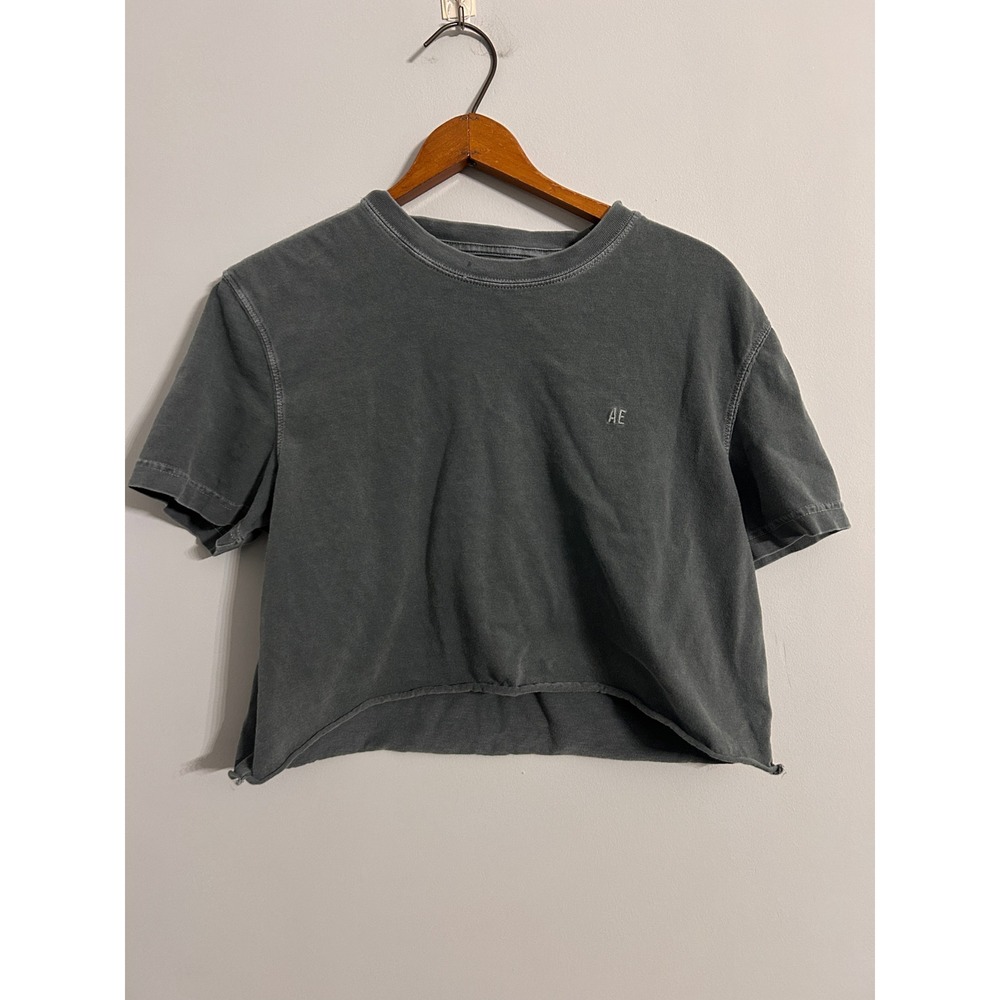 American Eagle Women Grey Short Sleeve Raw Hem Crop Top Tee Small